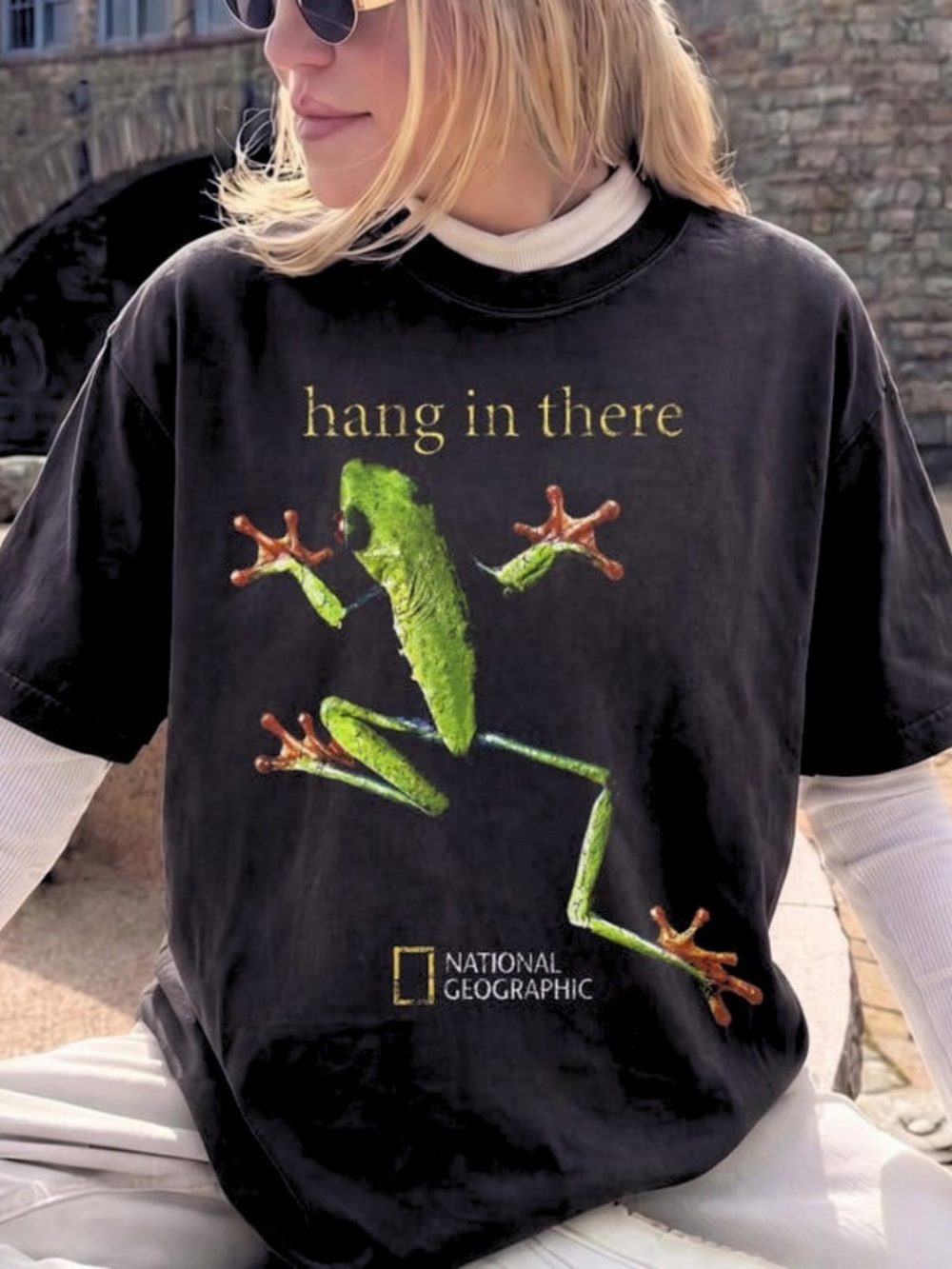 National Geographic Black Tee with Green Tree Frog and Gold Text